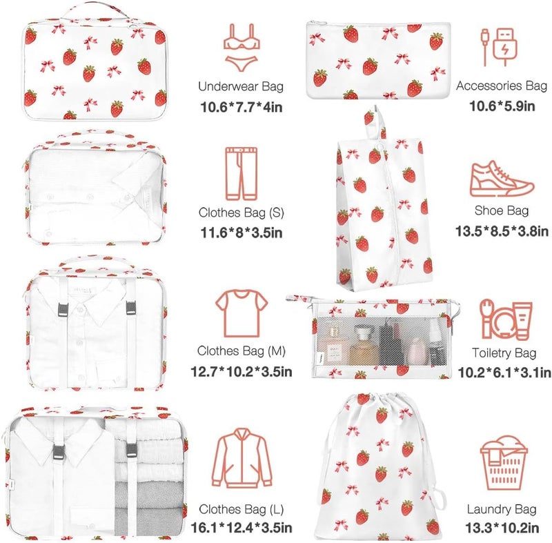 Hatisan 8 Set Packing Cubes for Suitcases,Packing Cube with Shoe, Cosmetics, Clothing, and Accessories Bags Packing Cubes for Travel Luggage Organizer Women Men(Strawberry Bows) - Image 2